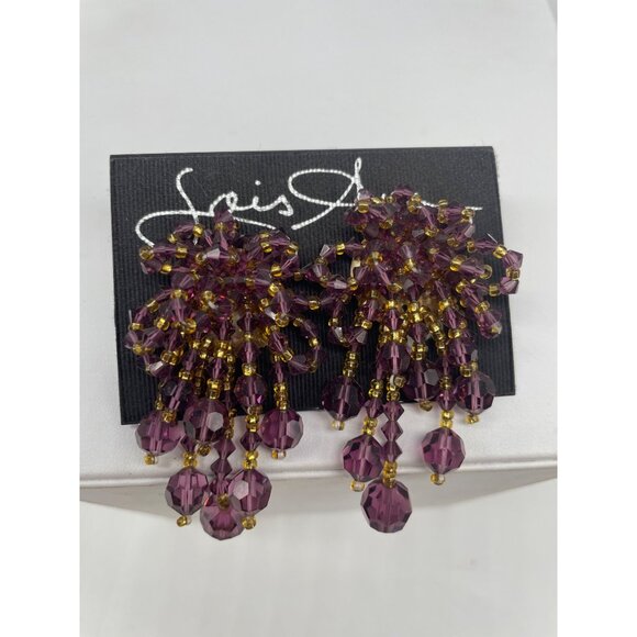 Vintage Lois Ann Purple Beaded Gold-Tone Clip-On Earrings With Cascading Design - Picture 1 of 7